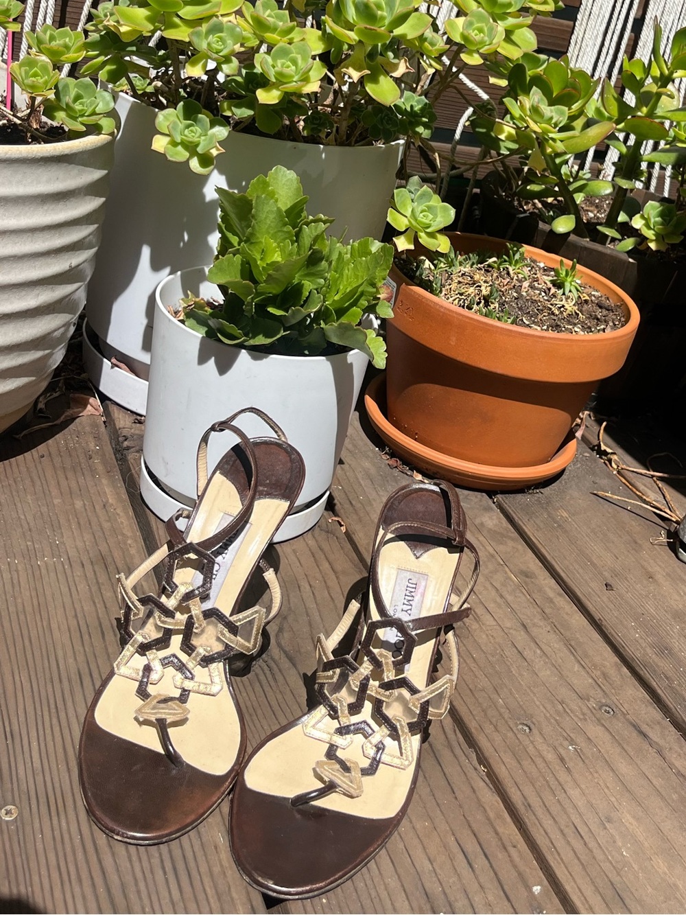 Vintage Y2K Jimmy Choo - Brown and Gold Strappy Sandal Heel - Picture 2 of 5